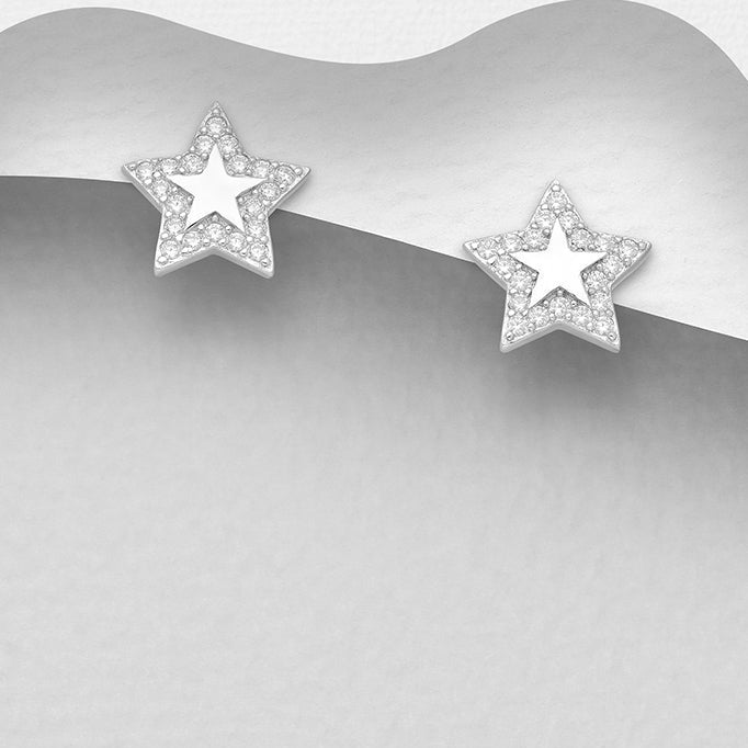 Crystal and polished Silver Star Studs Earring