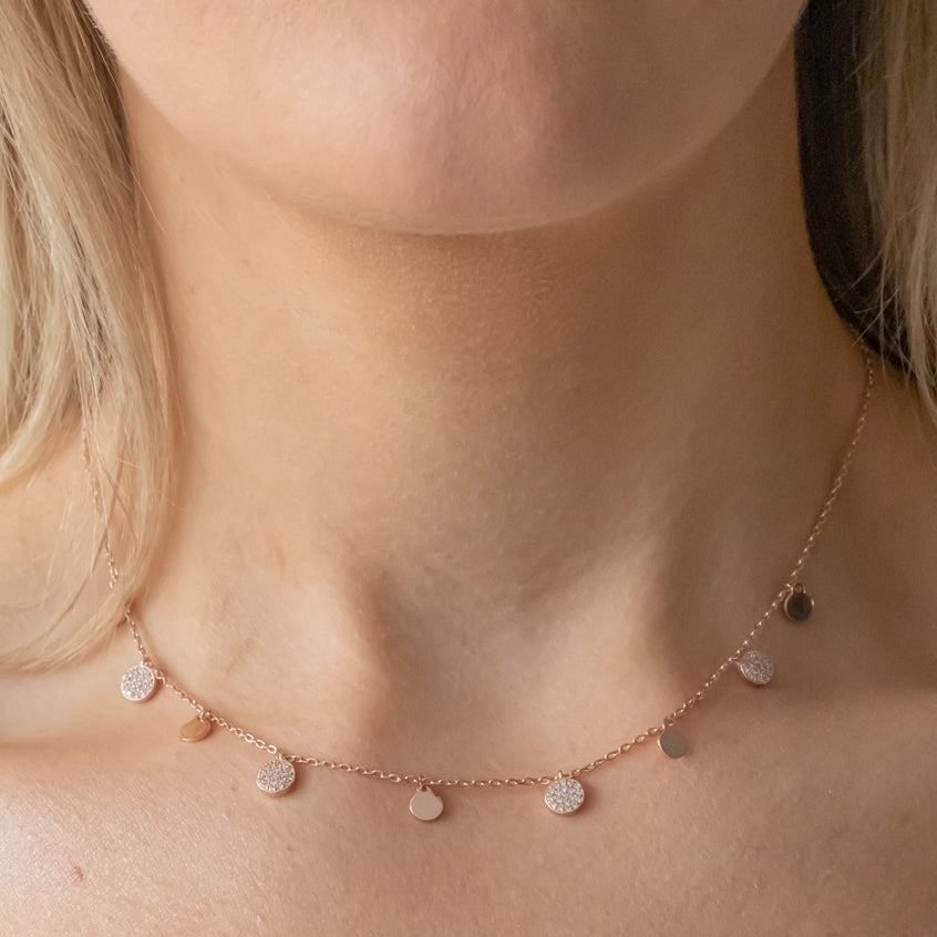 Rose Gold Double Stranded Silver Link Necklace and Disc Necklace Set