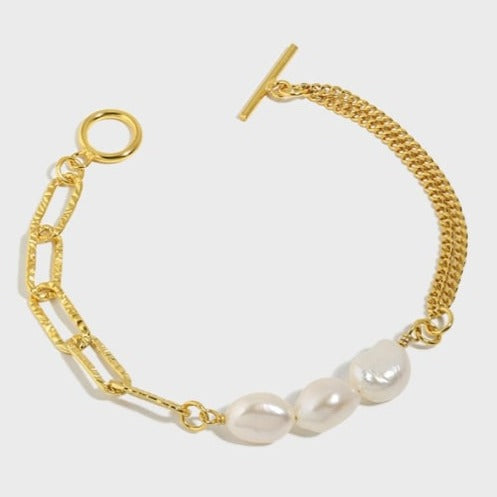 Gold plated freshwater pearl link bracelet