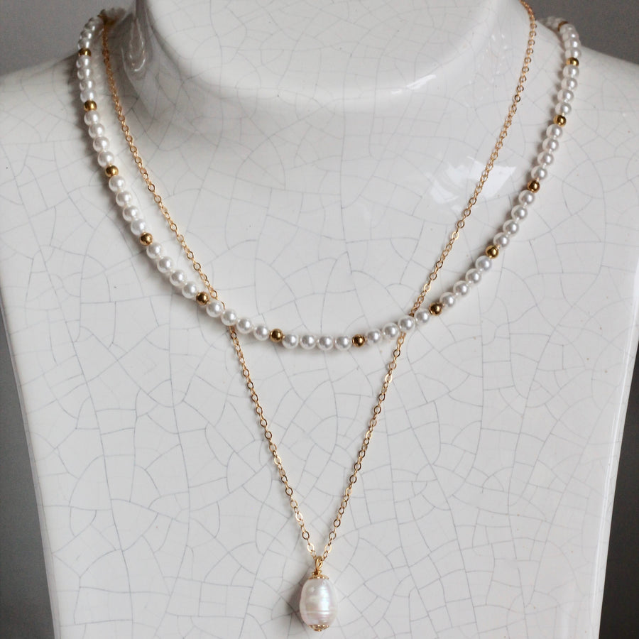 Gold Filled and Pearl Layered Double Strand Necklace