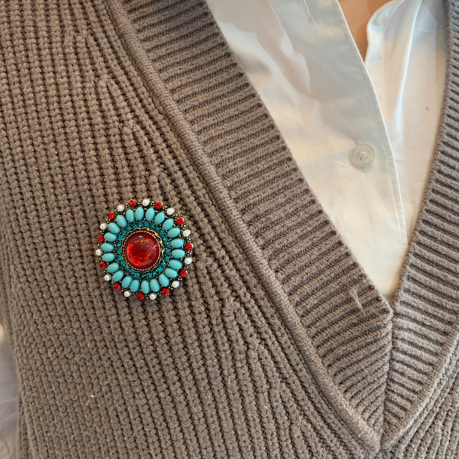 Vintage Red & Turquoise Brooch