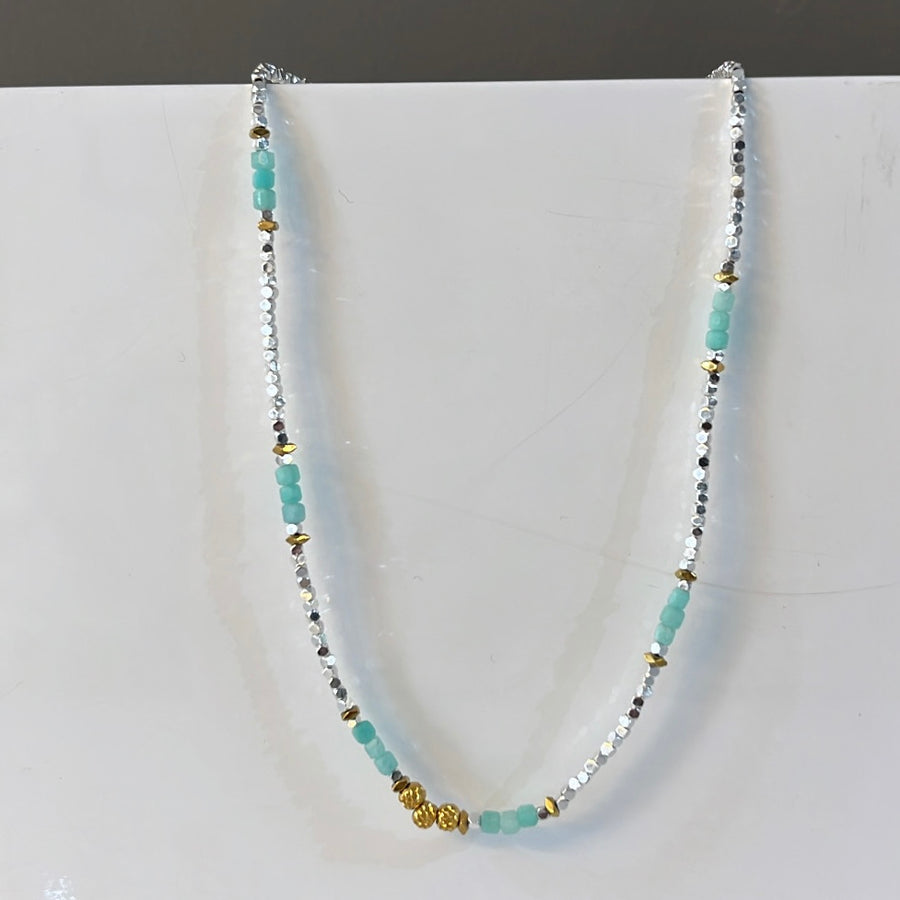 Silver, Turquoise and Gold Natural Stone Necklace