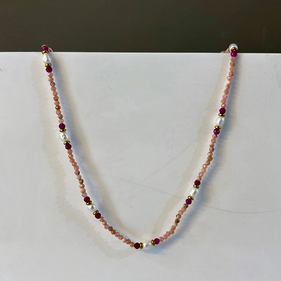 Baby Pink and Pearl Natural stone Beaded Necklace