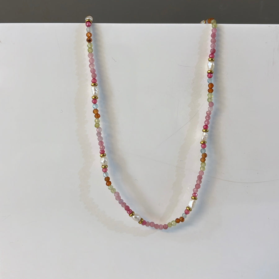 Bright Pink and Pearl  Natural Stone Necklace