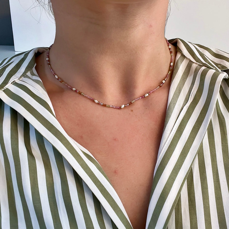 Bright Pink and Pearl  Natural Stone Necklace