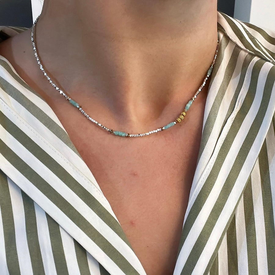 Silver, Turquoise and Gold Natural Stone Necklace