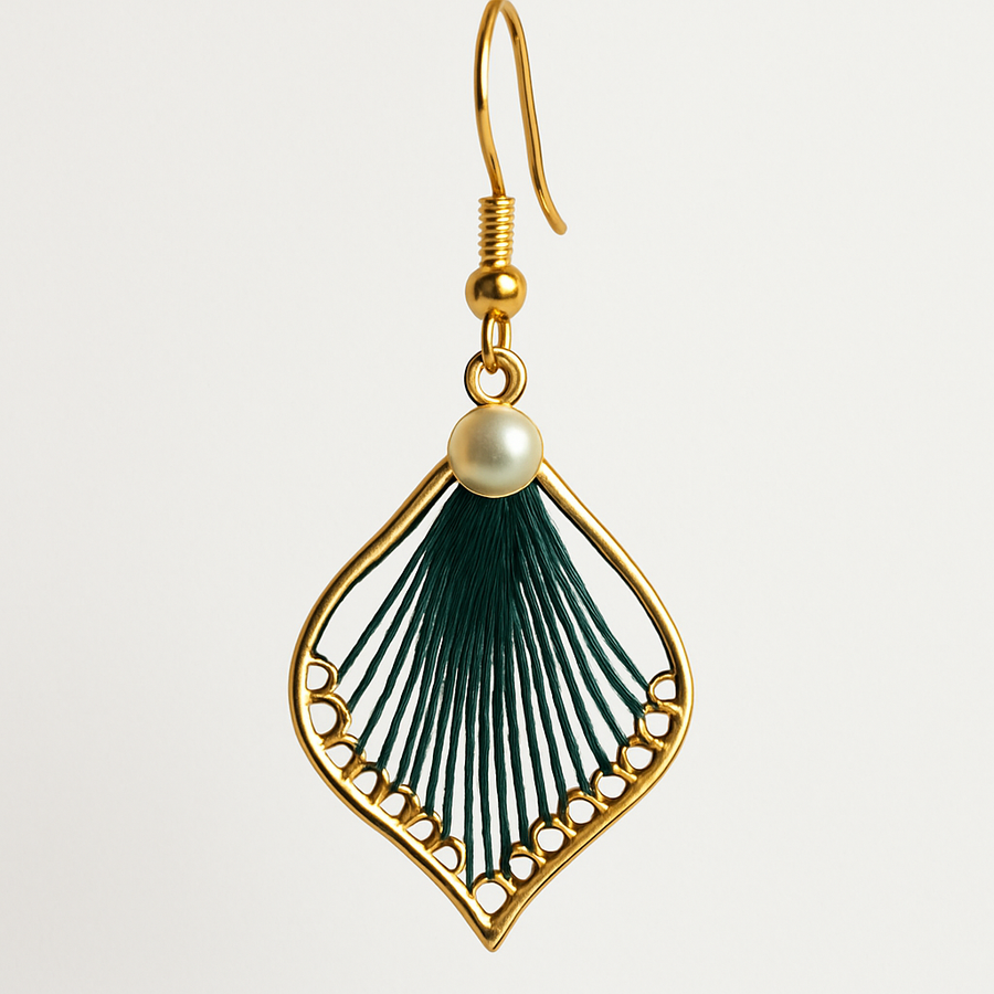 Gold /Green Fan Earring with Freshwater Pearl