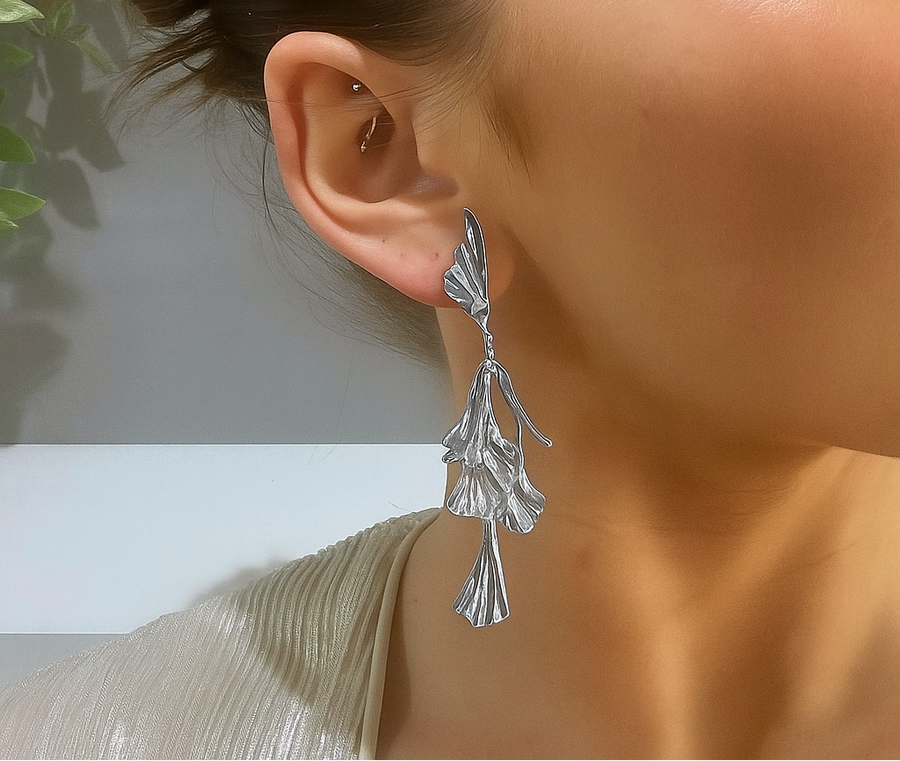 Silver Asymmetrical Leaf Statement Earrings