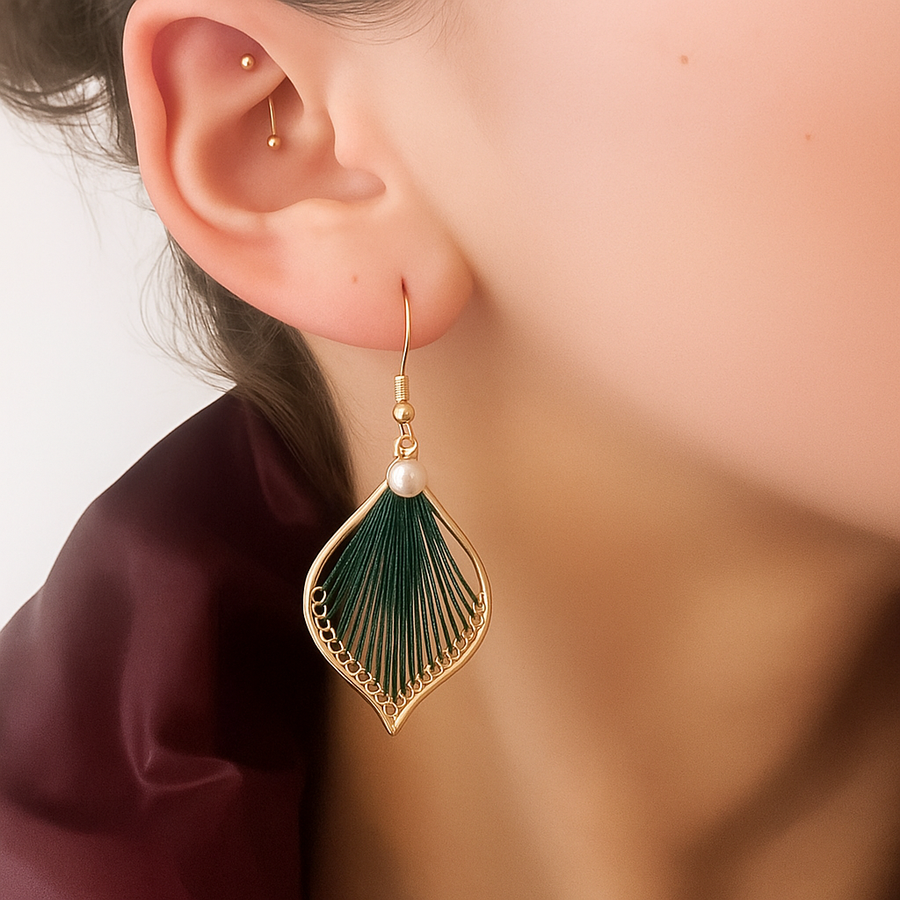 Gold /Green Fan Earring with Freshwater Pearl