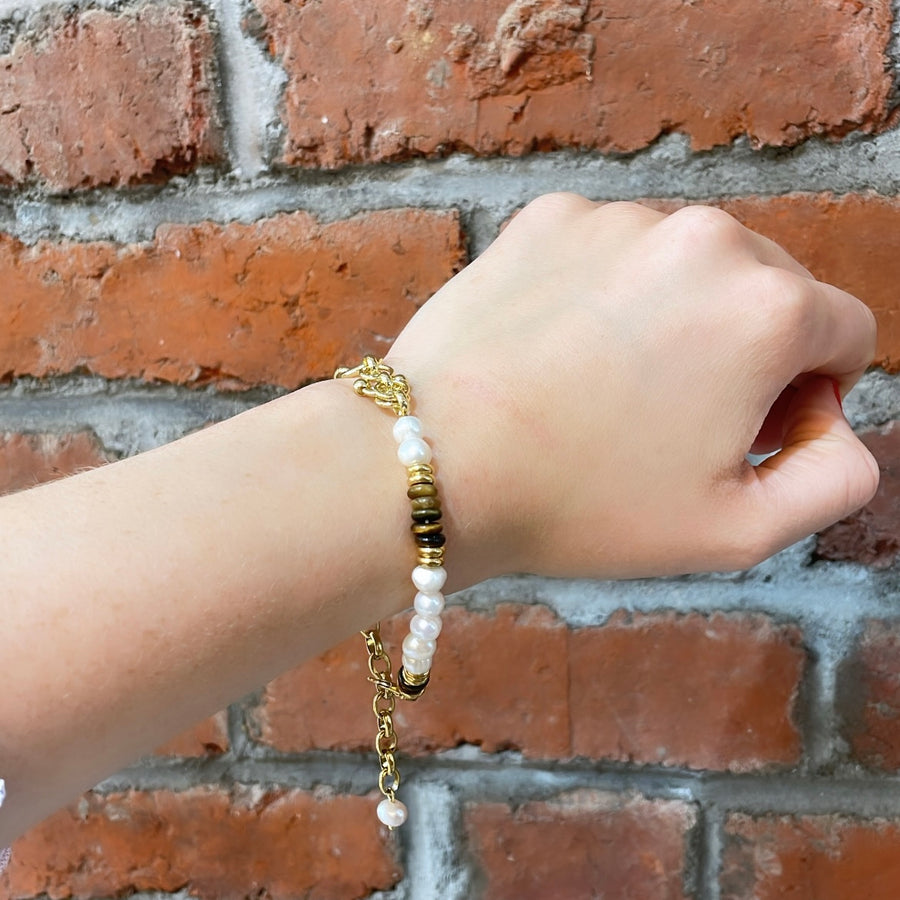 Geometric Freshwater Pearl & Brown Beaded Bracelet