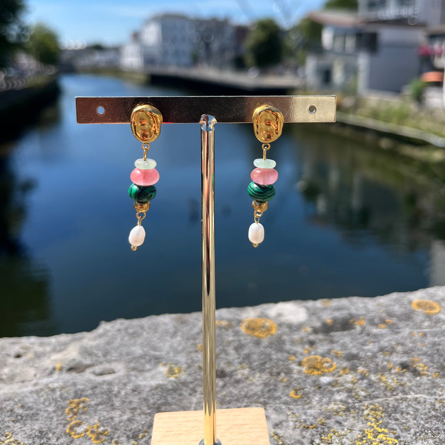Natural Stone Green and Pink Drop Earring