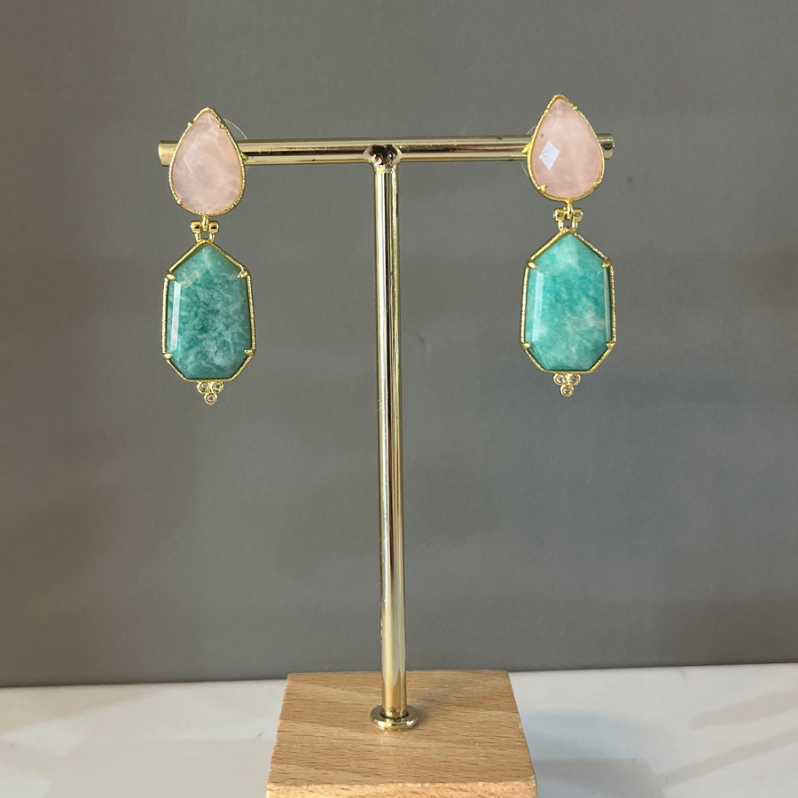 Rose Quartz and Turquoise Statement Earring