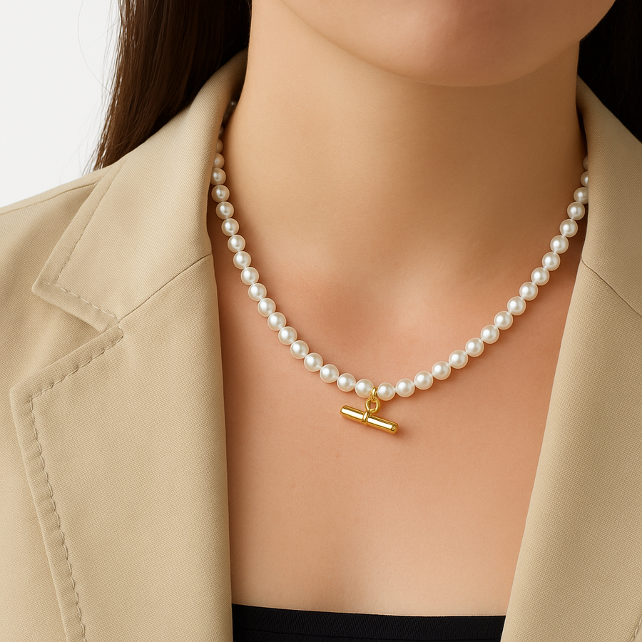 Gold T-bar Pearl Necklace