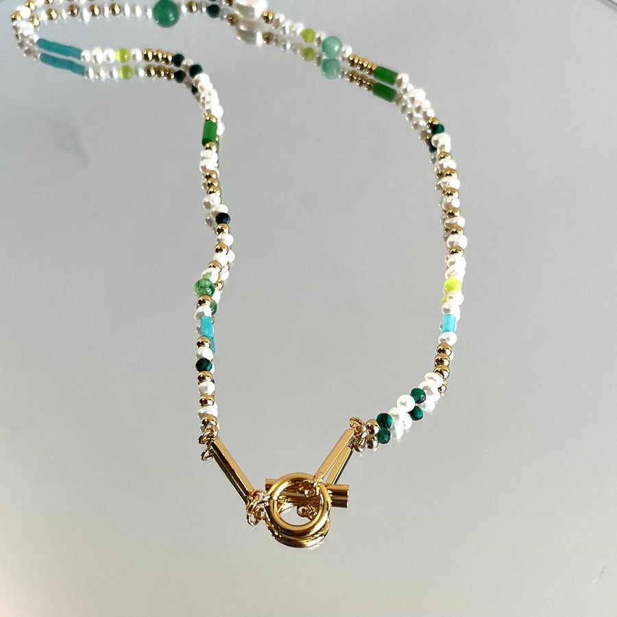 T-Bar green and pearl necklace