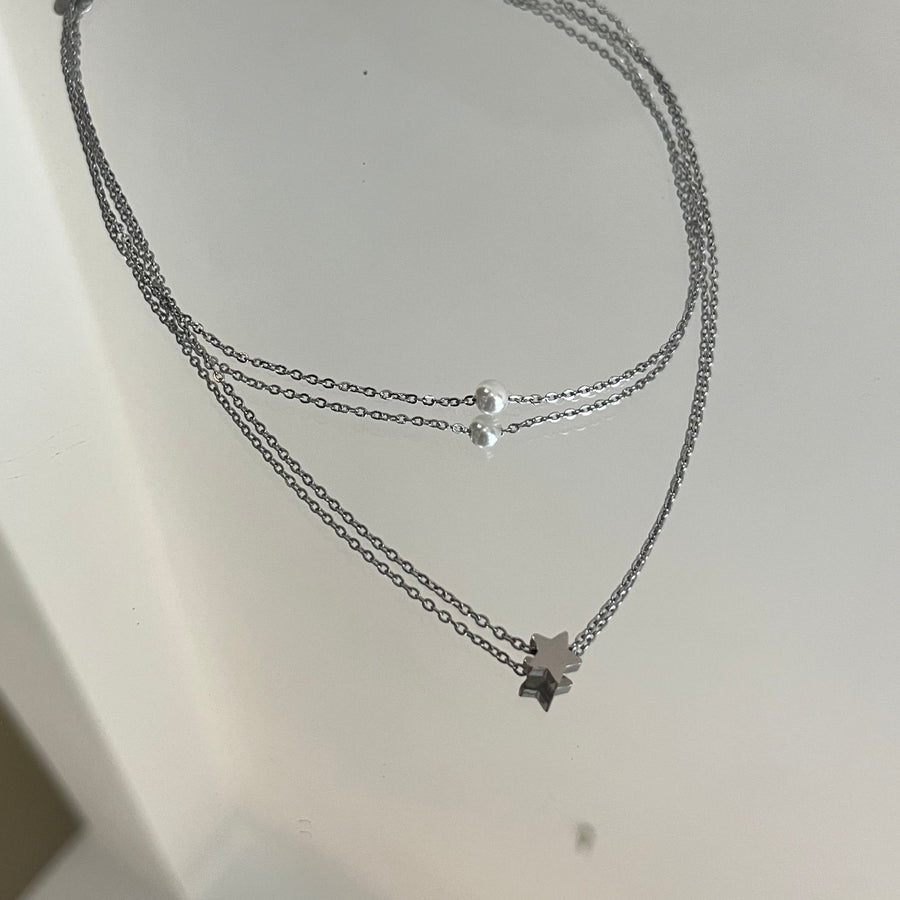 Stainless steel Double Strand Pearl and Star Necklace