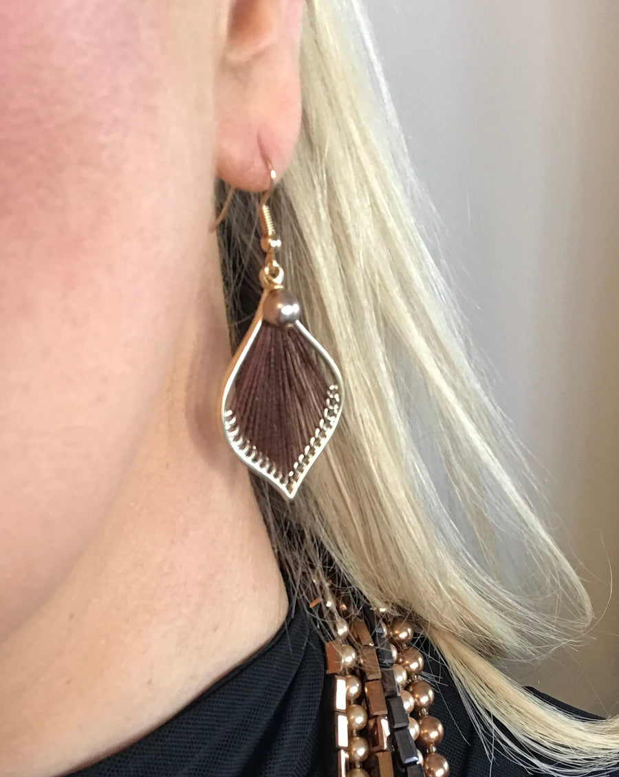 Gold and Brown Fan earring with pearl