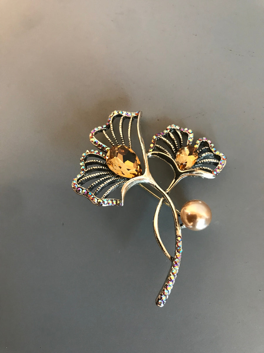 Gold Gemstone Clover Brooch