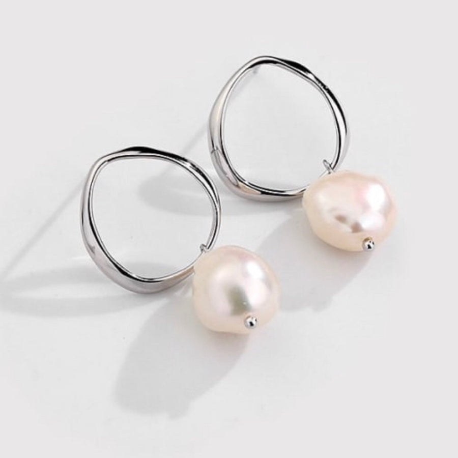 Geometric minimalist pearl drop hoop - Silver