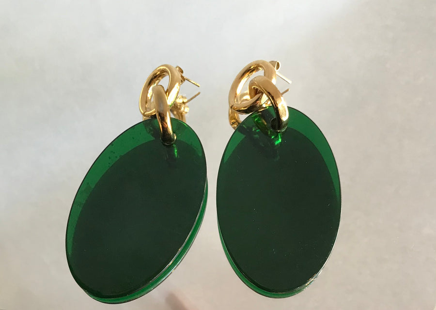 large green drop oval disc earrings