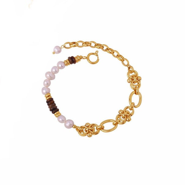 Geometric Freshwater Pearl & Brown Beaded Bracelet