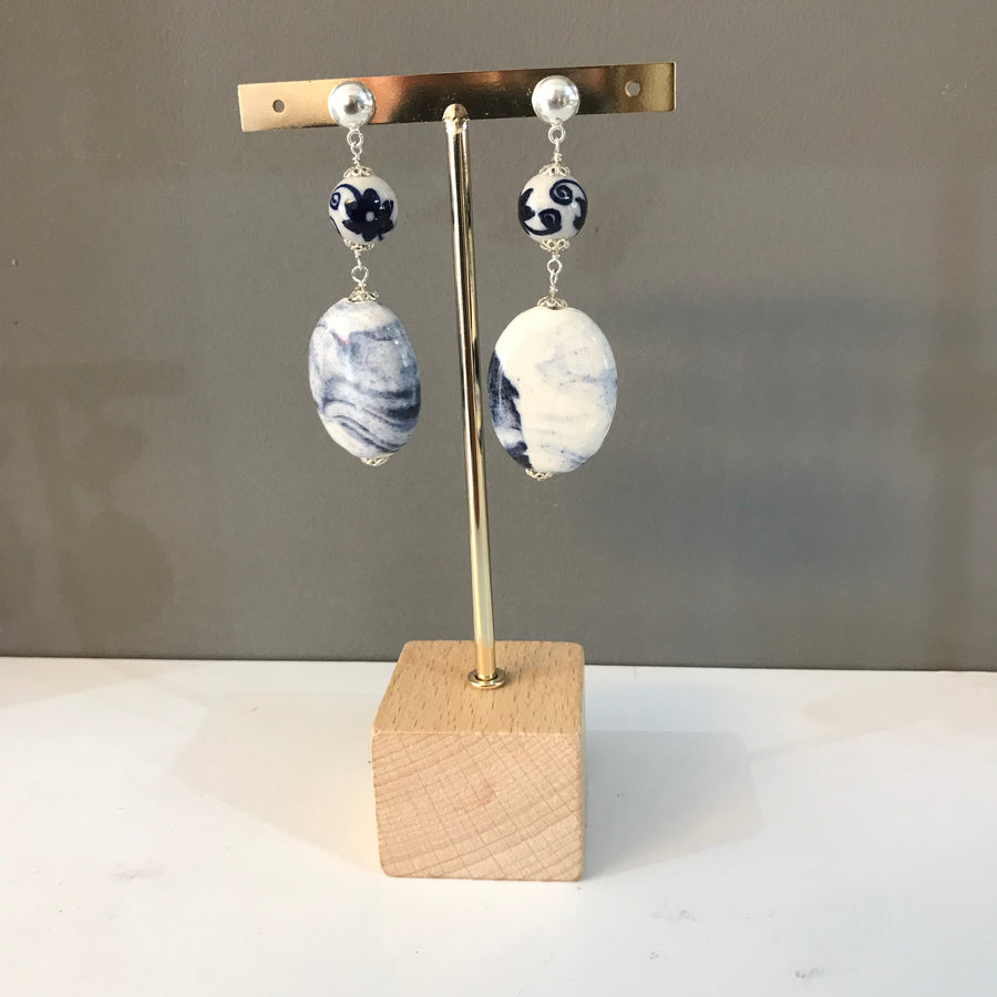 Blue and White Marble Effect Drop Earrings