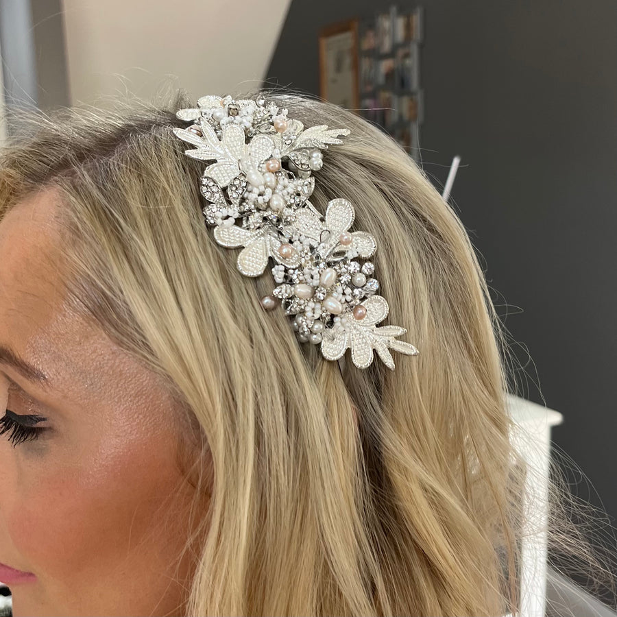 Ela Pearl and Crystal Silver Lace Hairband