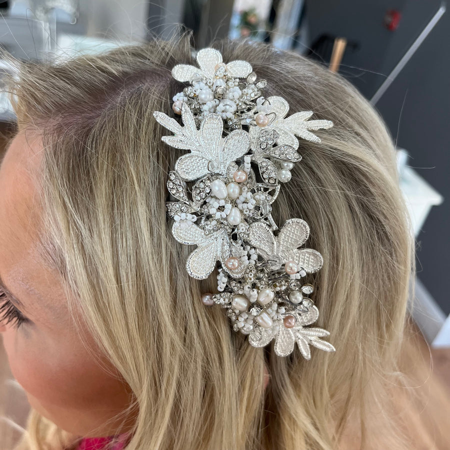 Ela Pearl and Crystal Silver Lace Hairband