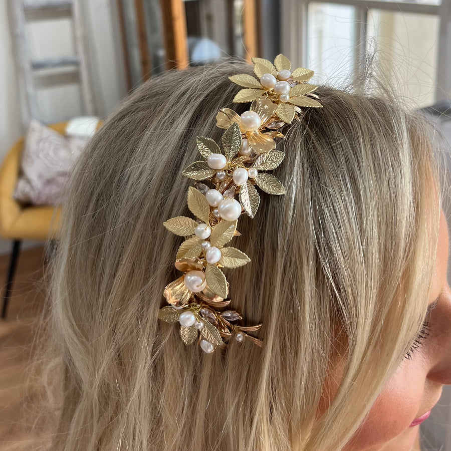 Gold Leaf and Pearl Half Hair Band