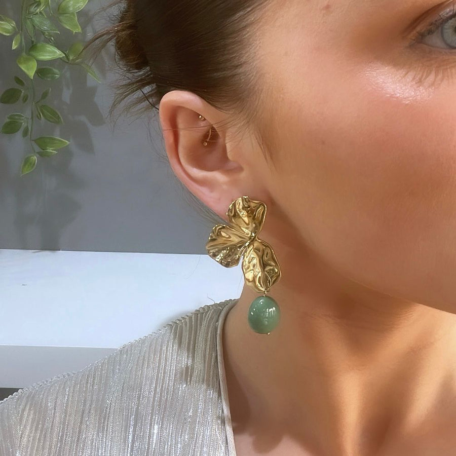 Half Flower With Green Drop Statement Earring