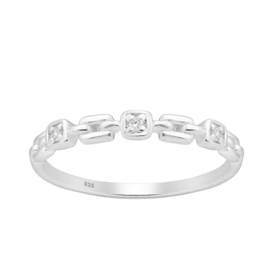 Sterling Silver Link & Simulated Diamond Ring