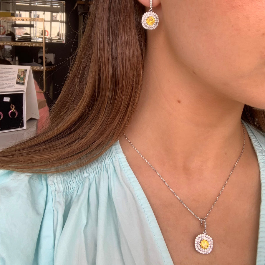Citrine Centre And Double Crystal Surround Drop Earring