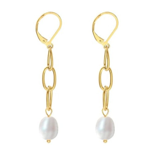 Gold Plated Link Earring with Freshwater Pearl Drop
