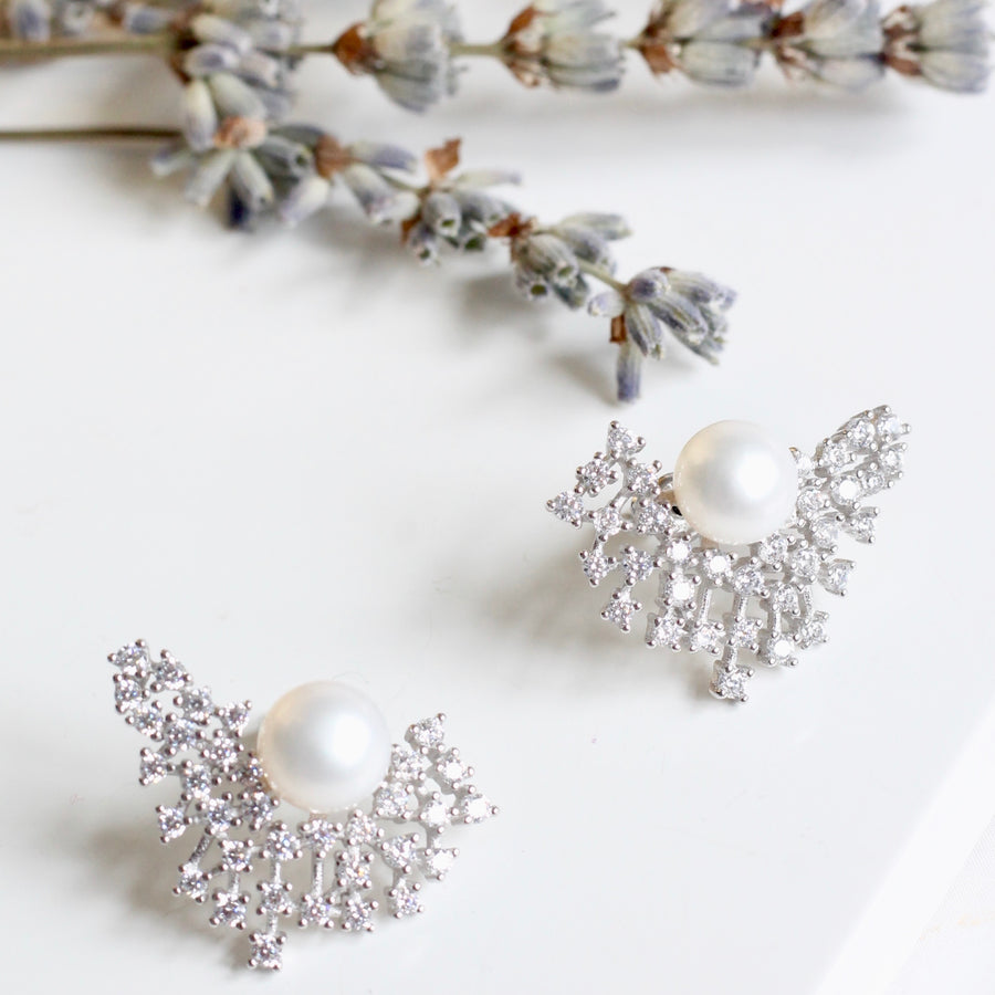 Sterling Silver Pearl Crystal Fan Earrings