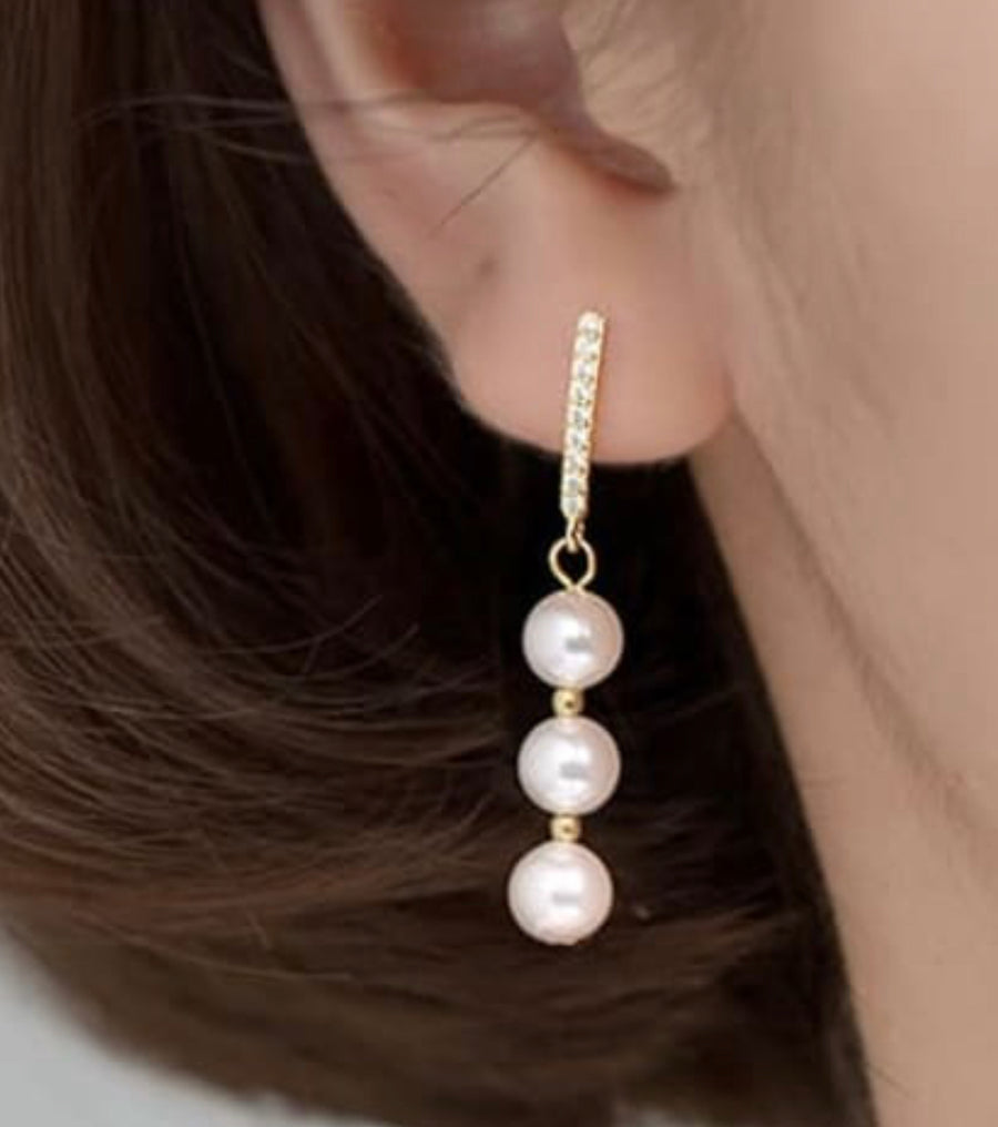Gold Triple Pearl Drop Earring